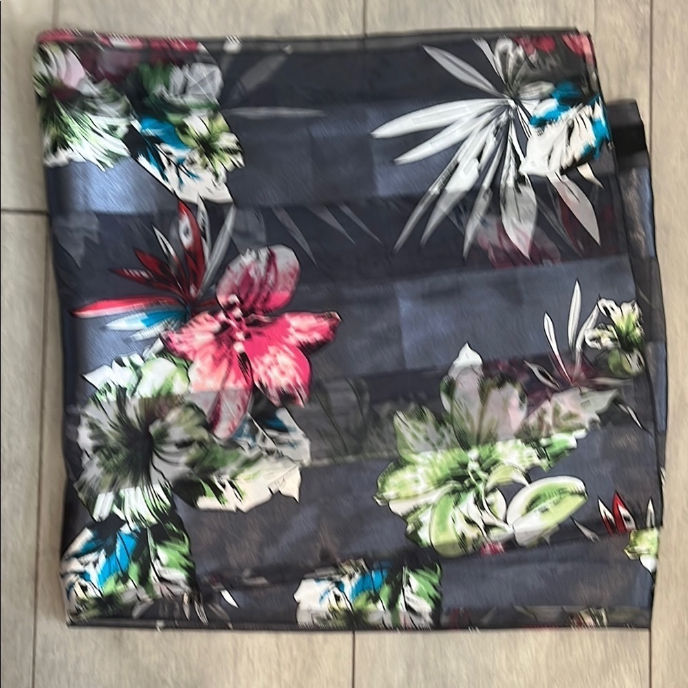 NWOT Pink Floral Patterned Black Striped Scarf Silk Feel, 59x13 inch - Picture 7 of 7